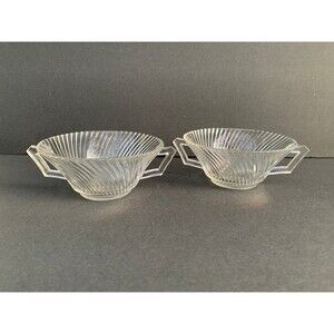 Two 1930s Federal Glass Clear Diana Cream Soup Bowls with handles - 2.25” x 7”